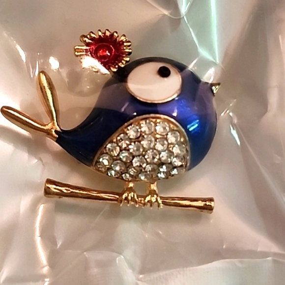 Adorable Bird Brooch loaded With simulated Diamonds, BLUE - Picture 1 of 4